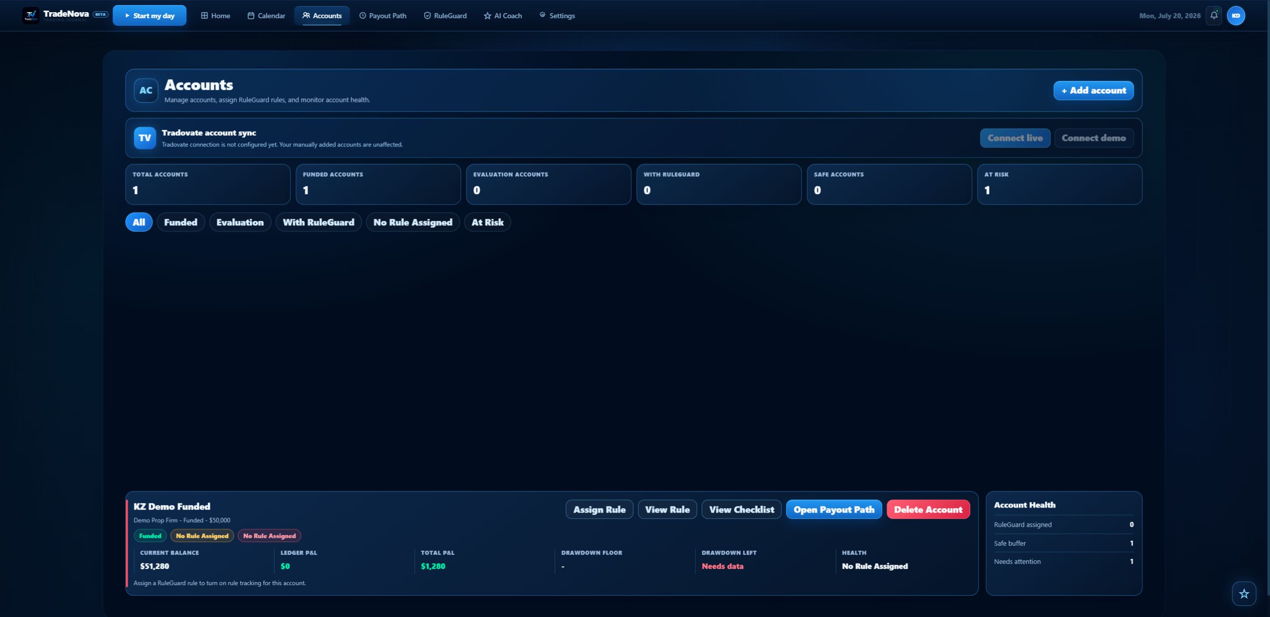 Accounts, organized. TradeNova Beta sample screen