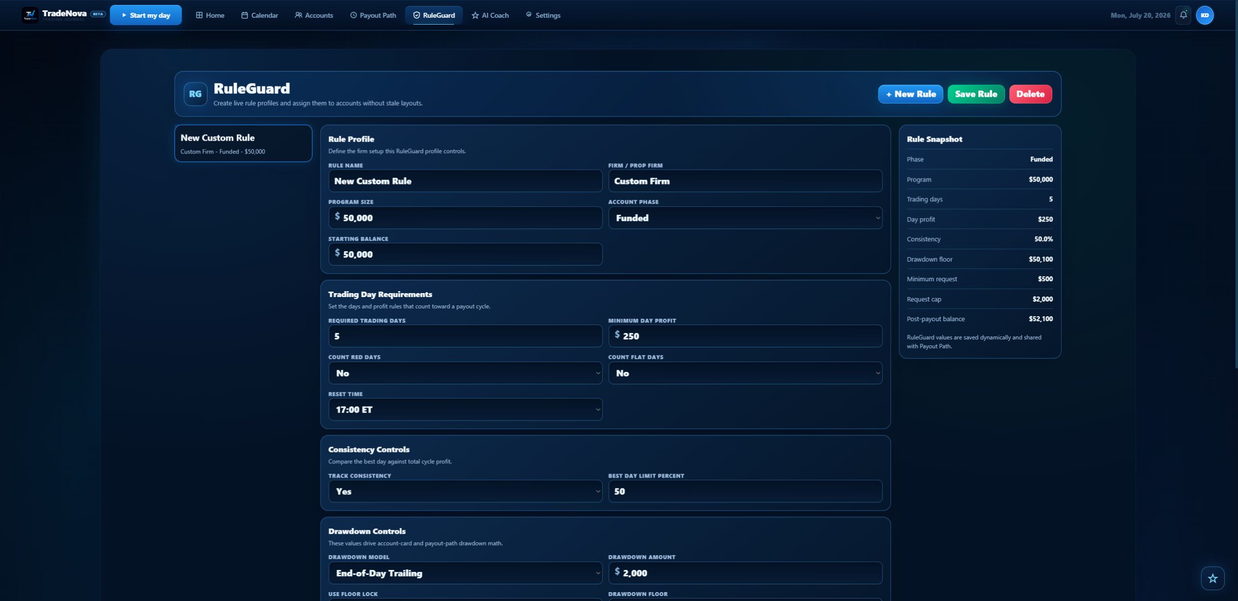 RULEGUARD · PRO in TradeNova, using sample data